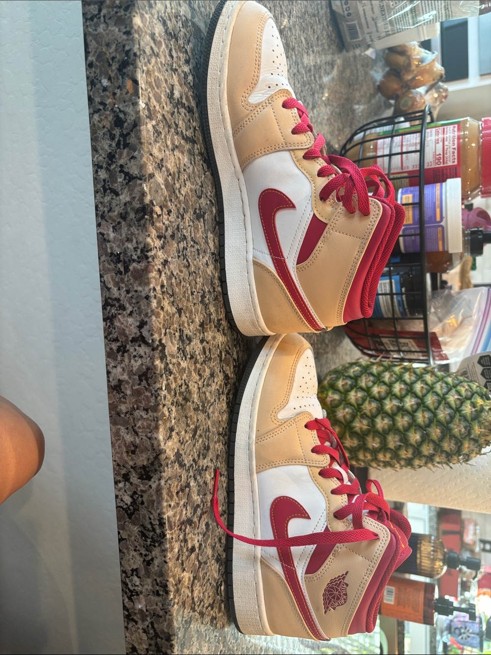 Nike Kids Mid-Top Sneakers in Tan, White & Red